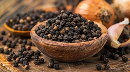 Black peppercorns in wooden bowl